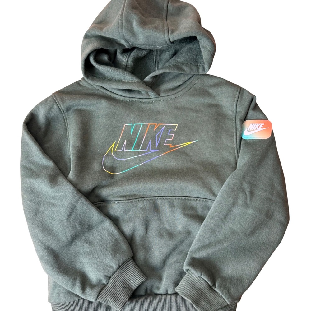 Nike Kids Pullover Hoodie Dark Green Rainbow‎ Gradient Logo Fleece Lined Size 7